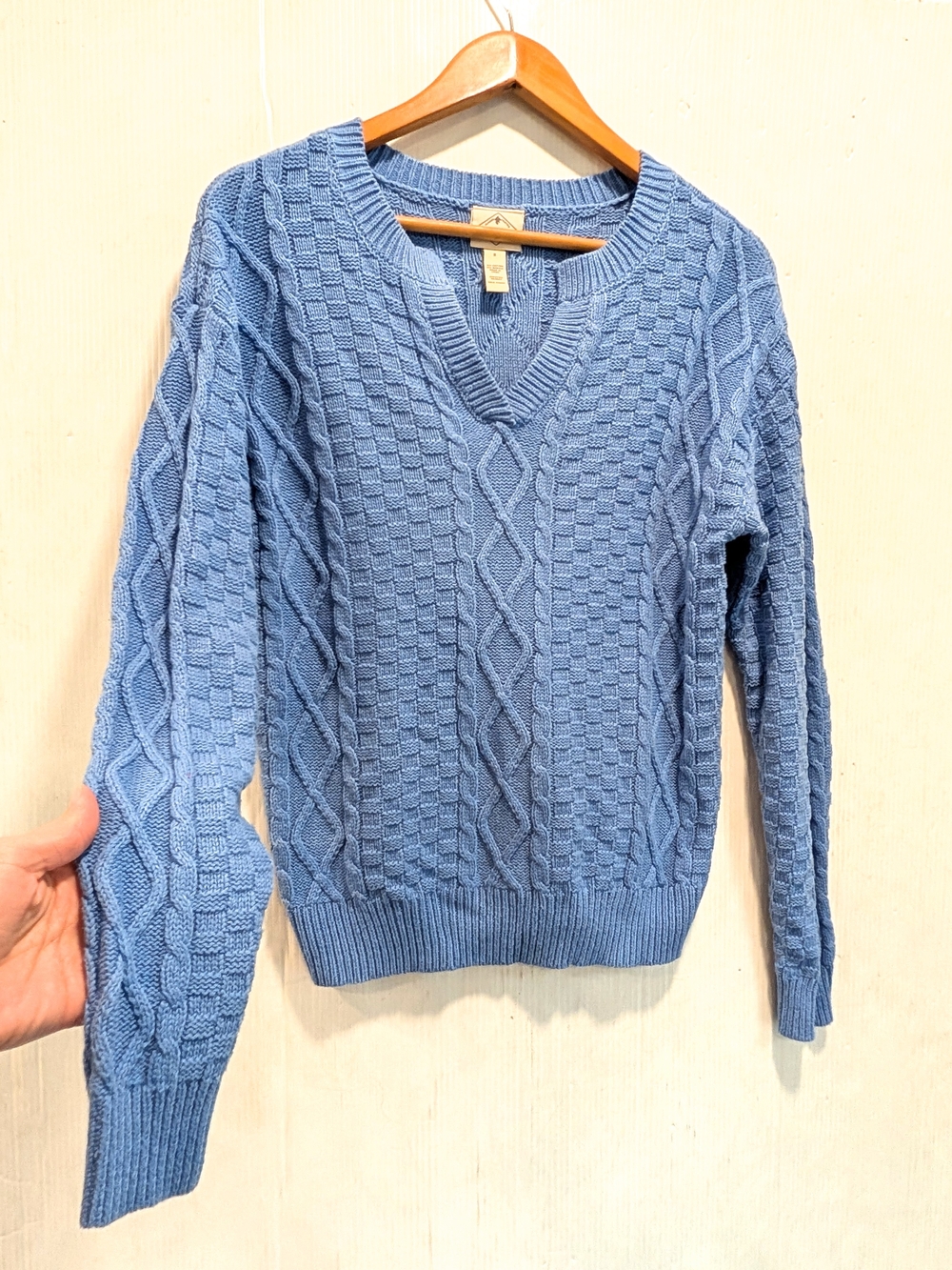 ST. JOHN'S BAY Women's Light Blue V-Neck Cable Knit Cotton Sweater Size Small